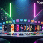 Colorful display of 20 Simple Mobile phones with price tags and glowing neon background for blog hero image
