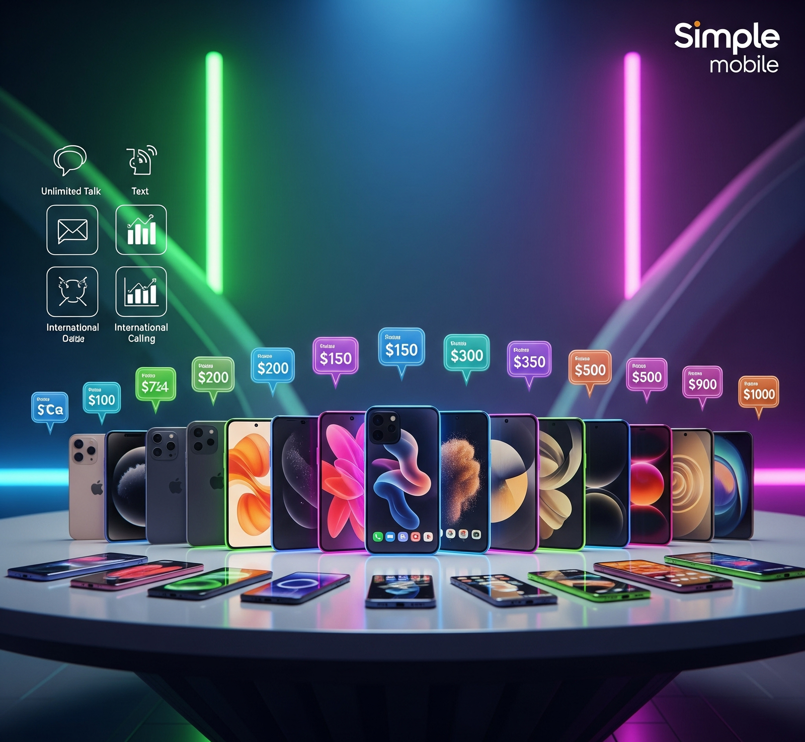 Colorful display of 20 Simple Mobile phones with price tags and glowing neon background for blog hero image