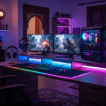 Apple MacBook Air 13-inch M4 (2025) open on a modern white desk, showing macOS Sequoia interface, next to an iPhone and AirPods, with natural sunlight coming through the window, Sky Blue color glowing under soft lighting — minimalist and futuristic Apple aest