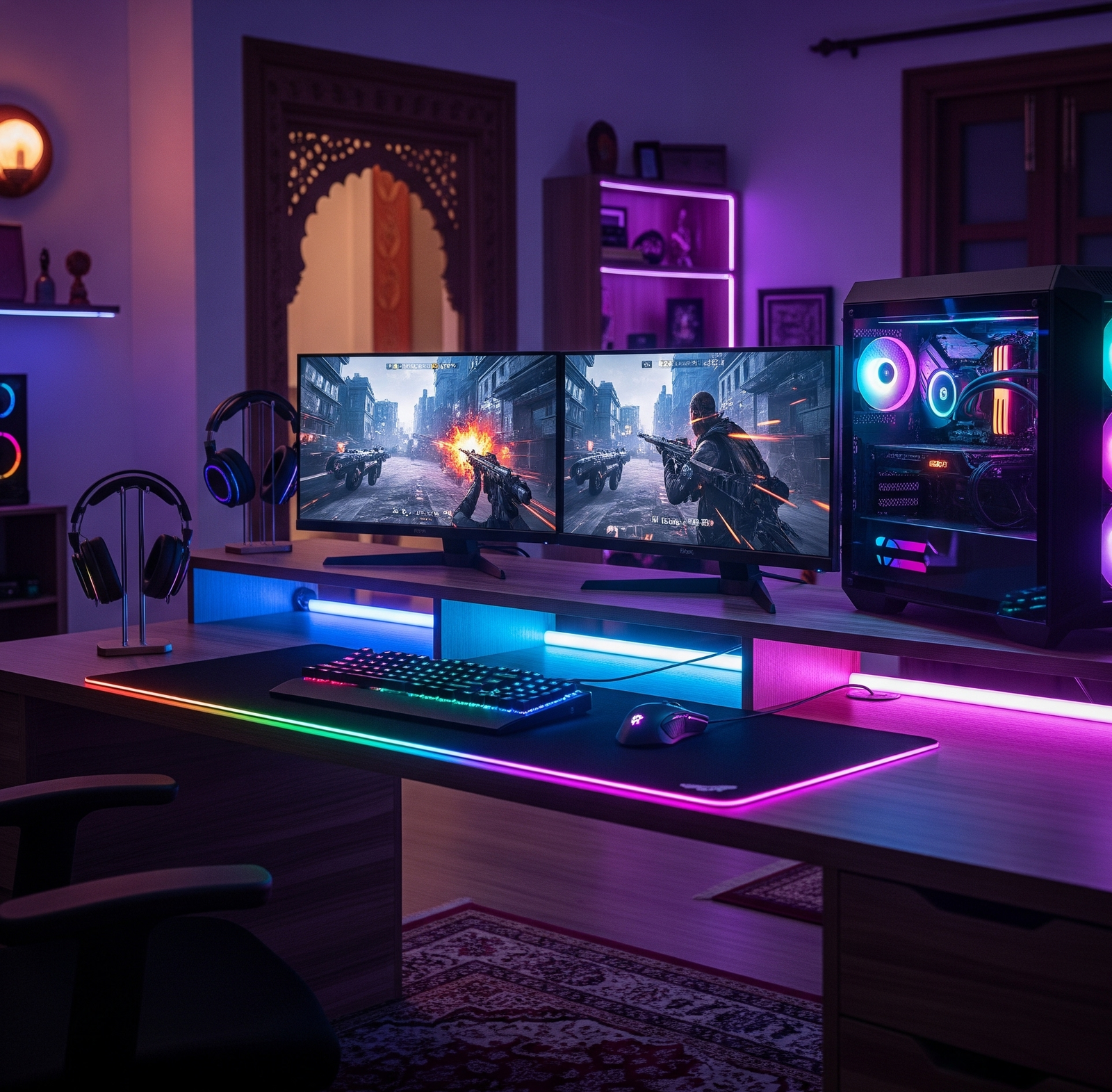 Apple MacBook Air 13-inch M4 (2025) open on a modern white desk, showing macOS Sequoia interface, next to an iPhone and AirPods, with natural sunlight coming through the window, Sky Blue color glowing under soft lighting — minimalist and futuristic Apple aest