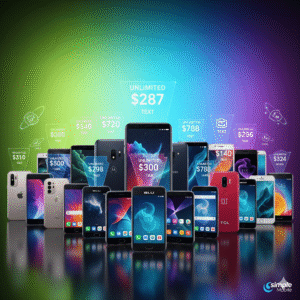 Colorful display of 20 Simple Mobile phones with price tags and glowing neon background for blog hero image.