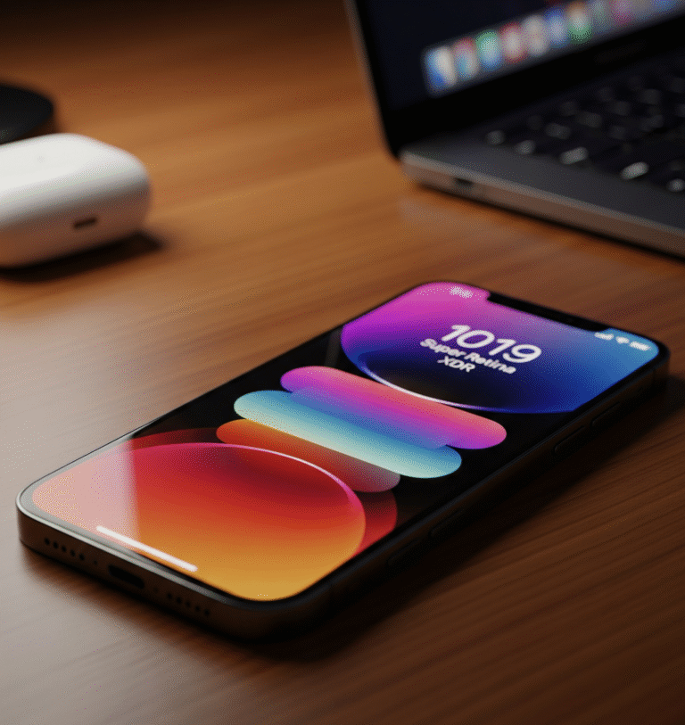 Top iPhone Reviews 2025. iPhone 15 smartphone on wooden desk with AirPods and MacBook in background