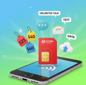 Simple Mobile affordable prepaid plans infographic with colorful price tags and unlimited features.