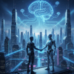 Human and Future of AI collaborating in the future of technology.