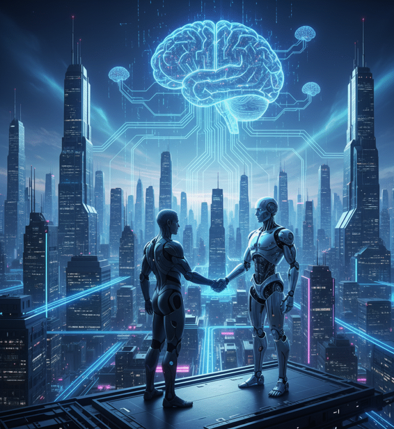 Human and Future of AI collaborating in the future of technology.