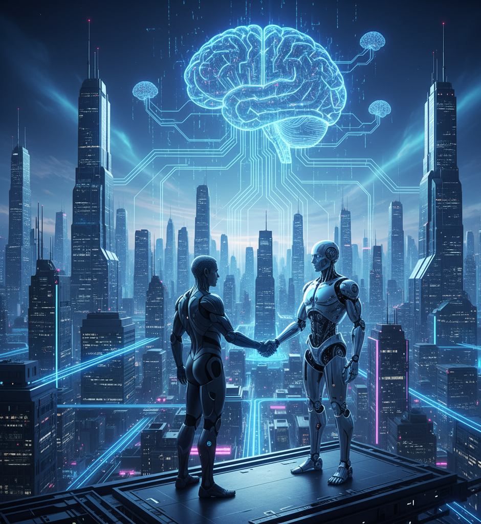 Human and Future of AI collaborating in the future of technology.
