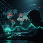 World map with cyber threat alerts and hacker silhouette representing global cybersecurity news