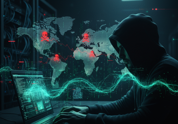 World map with cyber threat alerts and hacker silhouette representing global cybersecurity news
