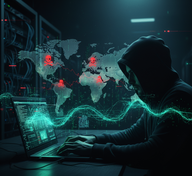 World map with cyber threat alerts and hacker silhouette representing global cybersecurity news