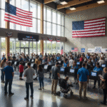 A high-resolution infographic showing the 2024 U.S. election results. The map highlights battleground states in red and blue, displays the final electoral votes (Trump 312, Harris 226), and includes graphics of voters casting ballots and symbols of the U.S. Senate and House. Perfect for news articles or blogs covering the election outcome.