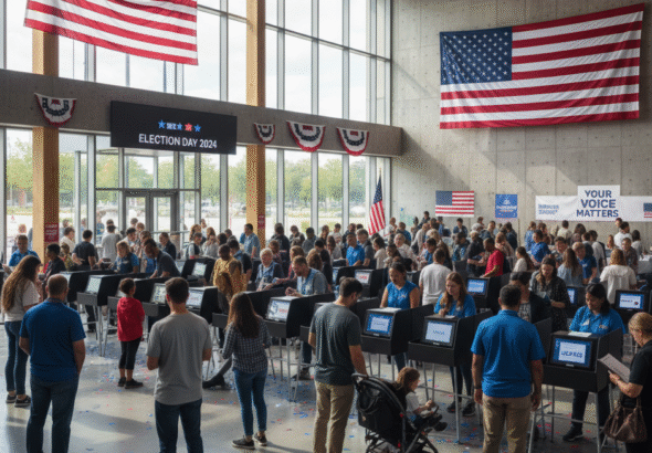 A high-resolution infographic showing the 2024 U.S. election results. The map highlights battleground states in red and blue, displays the final electoral votes (Trump 312, Harris 226), and includes graphics of voters casting ballots and symbols of the U.S. Senate and House. Perfect for news articles or blogs covering the election outcome.