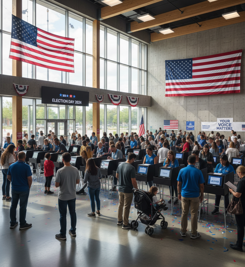 A high-resolution infographic showing the 2024 U.S. election results. The map highlights battleground states in red and blue, displays the final electoral votes (Trump 312, Harris 226), and includes graphics of voters casting ballots and symbols of the U.S. Senate and House. Perfect for news articles or blogs covering the election outcome.