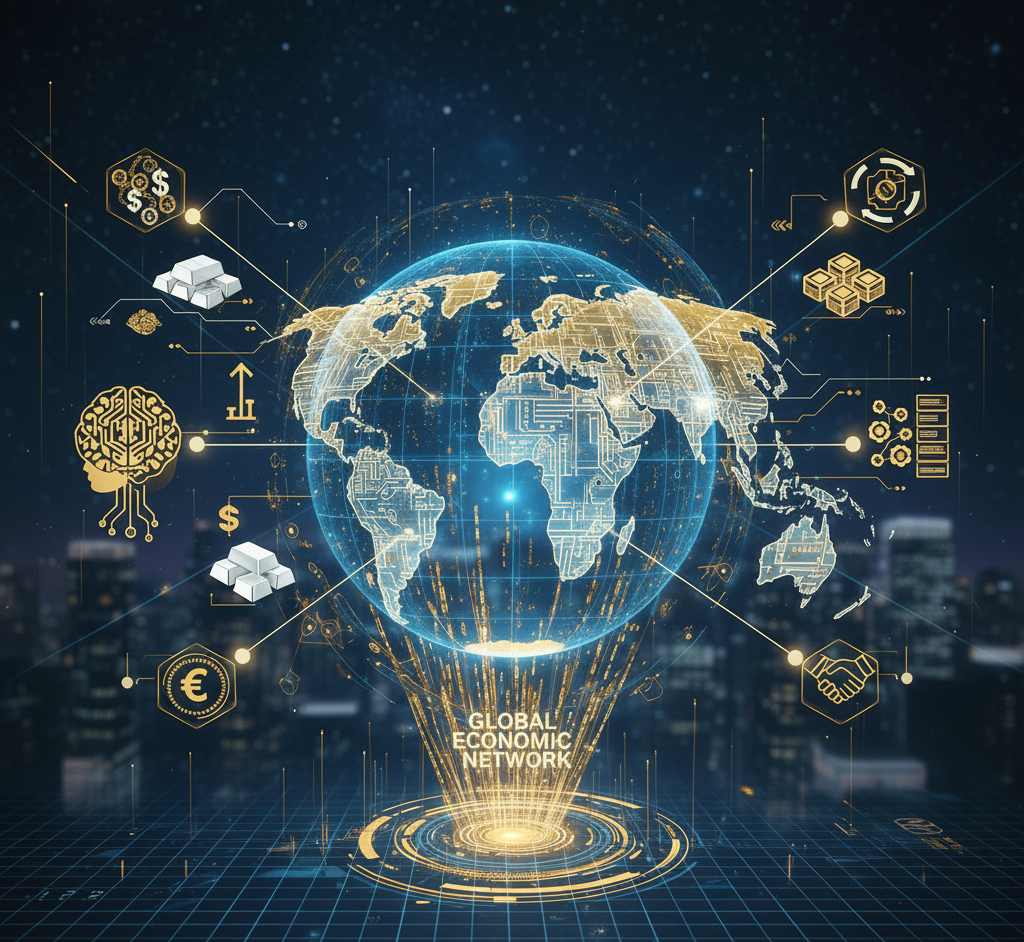 Global Economic Slowdown 2025 with AI and trade visualization