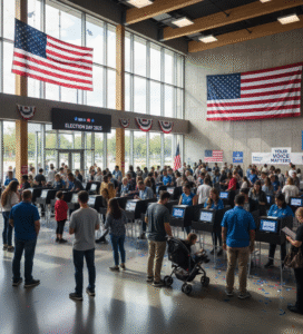 Map of the United States showing 2024 U.S. election results with swing states highlighted, Donald Trump leading with 312 electoral votes, Kamala Harris with 226, and voters casting ballots