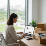 Entrepreneur managing Shopify store on laptop