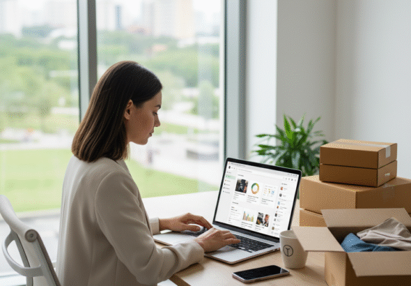 Entrepreneur managing Shopify store on laptop