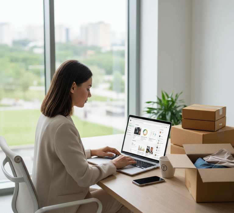 Entrepreneur managing Shopify store on laptop