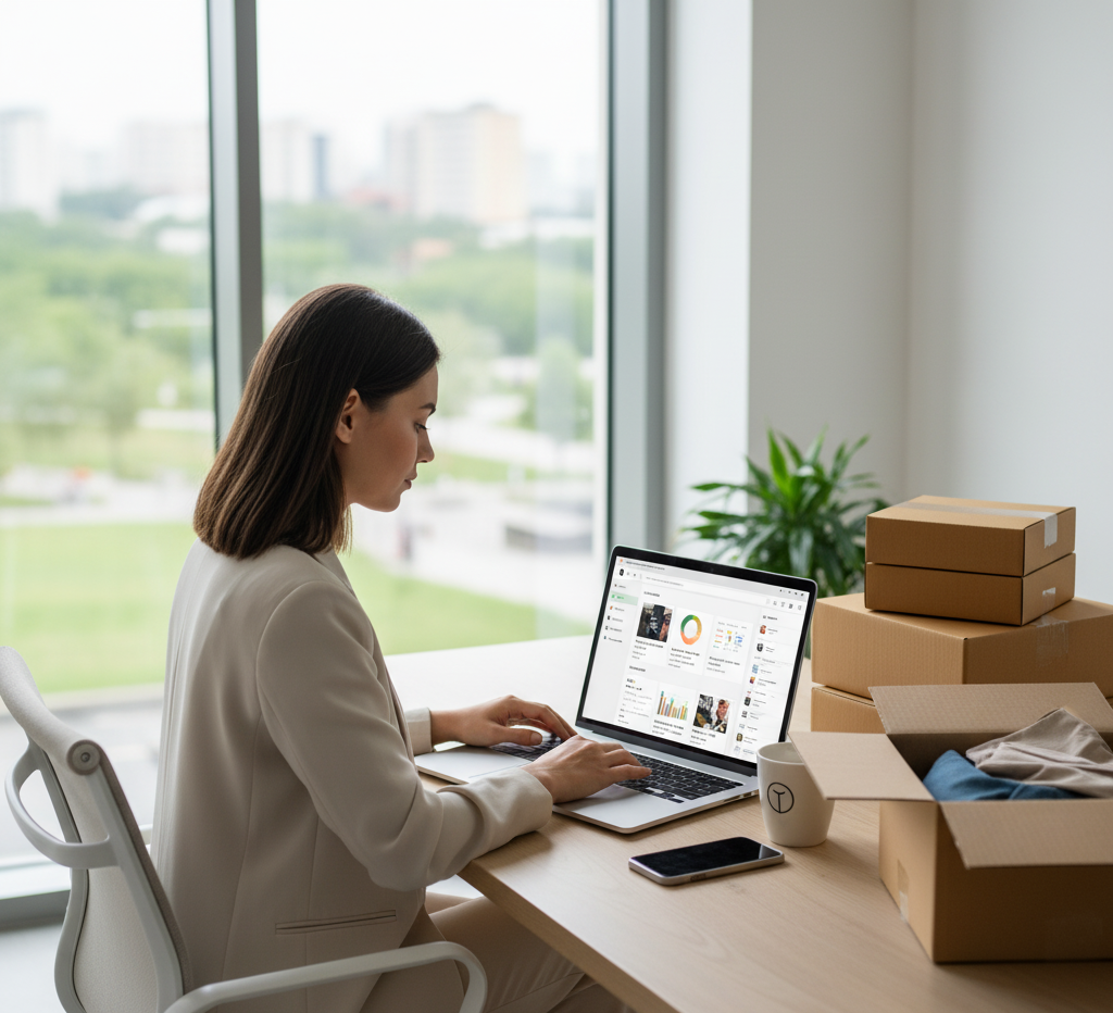 Entrepreneur managing Shopify store on laptop