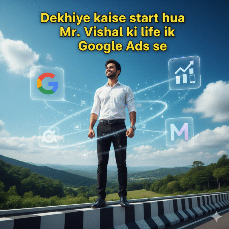 Vishal Maurya की digital marketing journey दिखाते हुए office scene, back view में काम करते हुए, charts और social media icons के साथ।