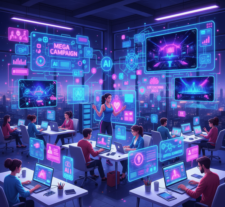 Startup ideas 2025 including digital marketing, AI services, content creation, online coaching, and logistics