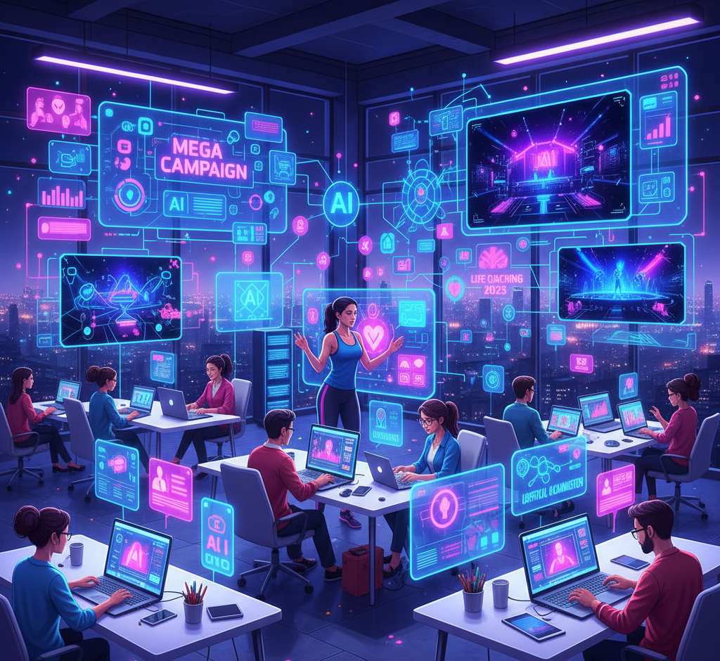 Startup ideas 2025 including digital marketing, AI services, content creation, online coaching, and logistics
