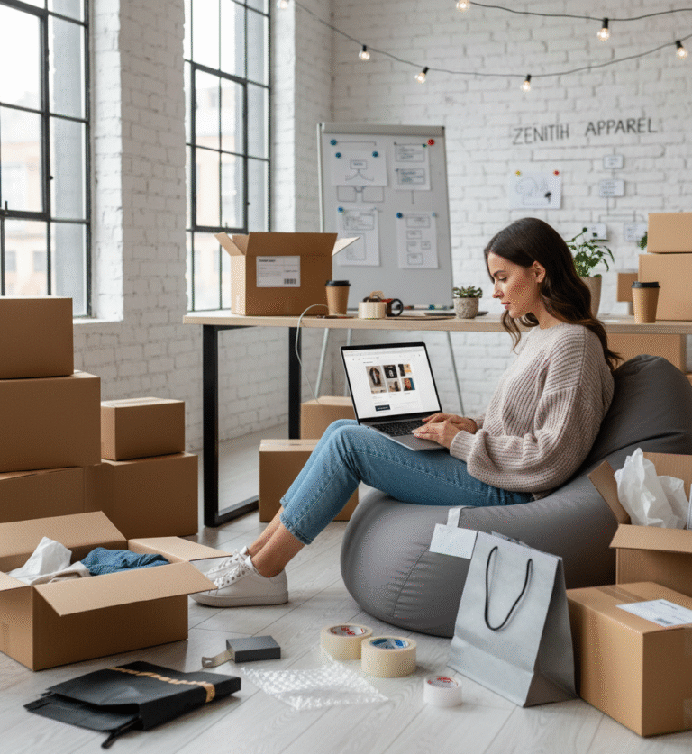 ecommerce A young entrepreneur sitting at a modern desk with a laptop, coffee mug, and product boxes around, working on building an online e-commerce store from home in 2025. The image represents the startup culture, remote business ideas, and the process of launching an online shop using a digital platform like Shopify or WooCommerce.