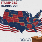 Map of the United States showing 2024 U.S. election results with swing states highlighted, Donald Trump leading with 312 electoral votes, Kamala Harris with 226, and voters casting ballots