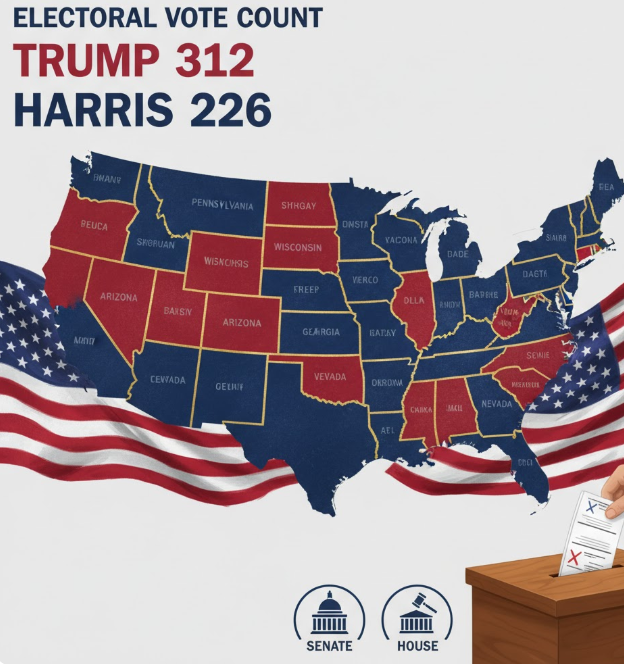 Map of the United States showing 2024 U.S. election results with swing states highlighted, Donald Trump leading with 312 electoral votes, Kamala Harris with 226, and voters casting ballots