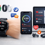 What is a smartwatch showing health tracking, wristband sizes, and smart features connected to mobile and PC