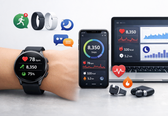 What is a smartwatch showing health tracking, wristband sizes, and smart features connected to mobile and PC