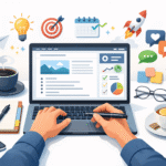 blog writing tips Blogger writing a blog on a laptop with SEO tools, content planning, and notes on a clean desk for engaging and high-quality blog writing