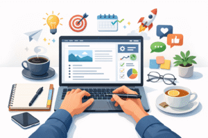 blog writing tips Blogger writing a blog on a laptop with SEO tools, content planning, and notes on a clean desk for engaging and high-quality blog writing