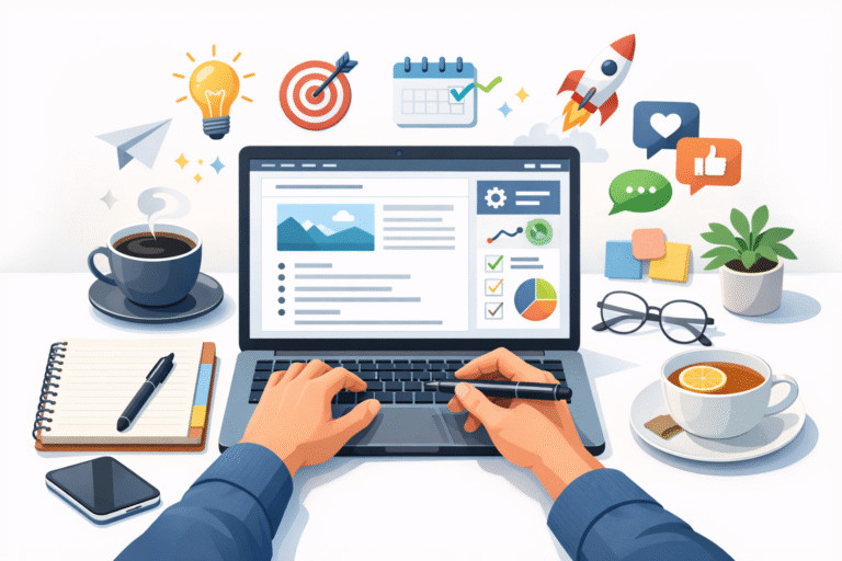 blog writing tips Blogger writing a blog on a laptop with SEO tools, content planning, and notes on a clean desk for engaging and high-quality blog writing