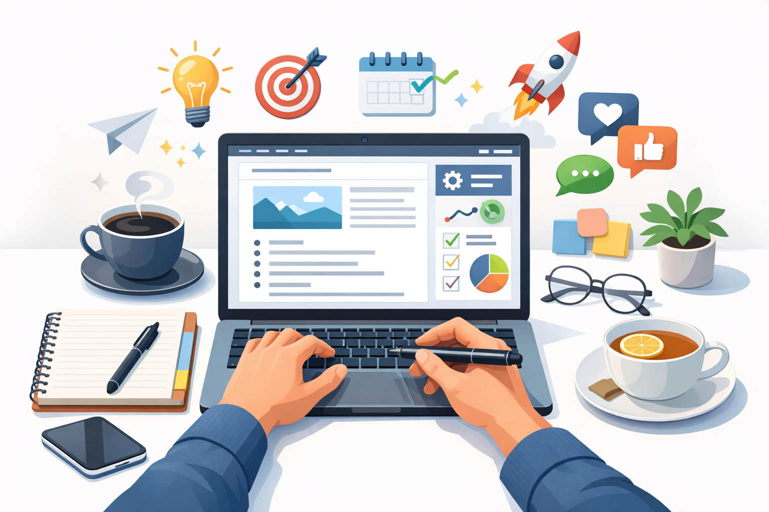 blog writing tips Blogger writing a blog on a laptop with SEO tools, content planning, and notes on a clean desk for engaging and high-quality blog writing