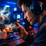 Young gamer playing high graphics Android shooting game on smartphone with gaming headphones in a dark LED gaming setup Top Android Games 2026