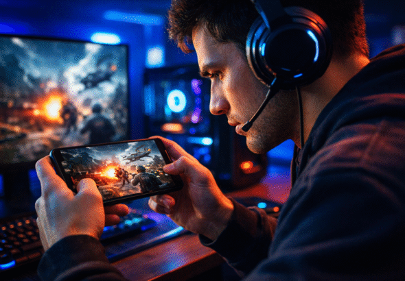 Young gamer playing high graphics Android shooting game on smartphone with gaming headphones in a dark LED gaming setup Top Android Games 2026