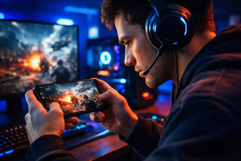 Young gamer playing high graphics Android shooting game on smartphone with gaming headphones in a dark LED gaming setup Top Android Games 2026