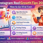 Instagram Reel Growth Tips 2026 infographic showing algorithm secrets, SEO tips, viral hook formulas, posting timing strategy, trending sounds and engagement growth techniques on Instagram Reels.