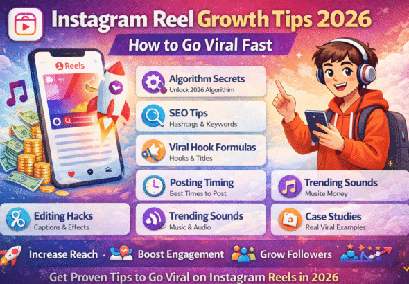 Instagram Reel Growth Tips 2026 infographic showing algorithm secrets, SEO tips, viral hook formulas, posting timing strategy, trending sounds and engagement growth techniques on Instagram Reels.