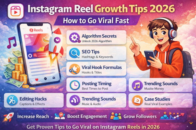 Instagram Reel Growth Tips 2026 infographic showing algorithm secrets, SEO tips, viral hook formulas, posting timing strategy, trending sounds and engagement growth techniques on Instagram Reels.