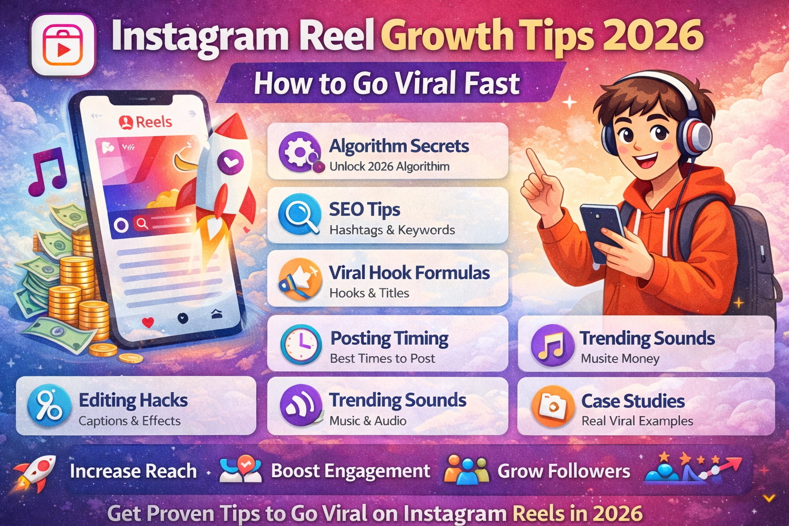 Instagram Reel Growth Tips 2026 infographic showing algorithm secrets, SEO tips, viral hook formulas, posting timing strategy, trending sounds and engagement growth techniques on Instagram Reels.