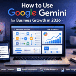 How to Use Google Gemini Business professional using Google Gemini AI on laptop for business growth and digital marketing strategy in 2026