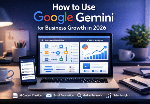 How to Use Google Gemini Business professional using Google Gemini AI on laptop for business growth and digital marketing strategy in 2026