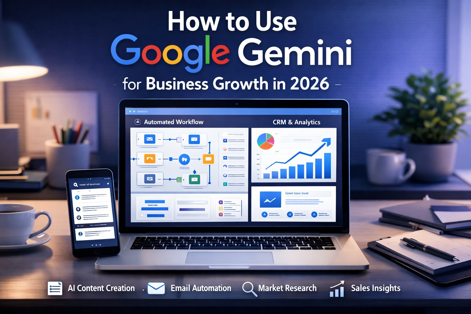 How to Use Google Gemini Business professional using Google Gemini AI on laptop for business growth and digital marketing strategy in 2026
