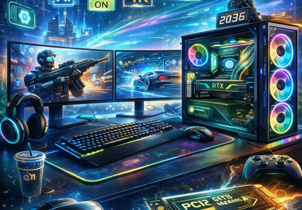 Futuristic PC Gaming 2026 Trends with RTX GPU, 4K monitors, 360Hz display, RGB gaming PC, and AI-powered hardware.