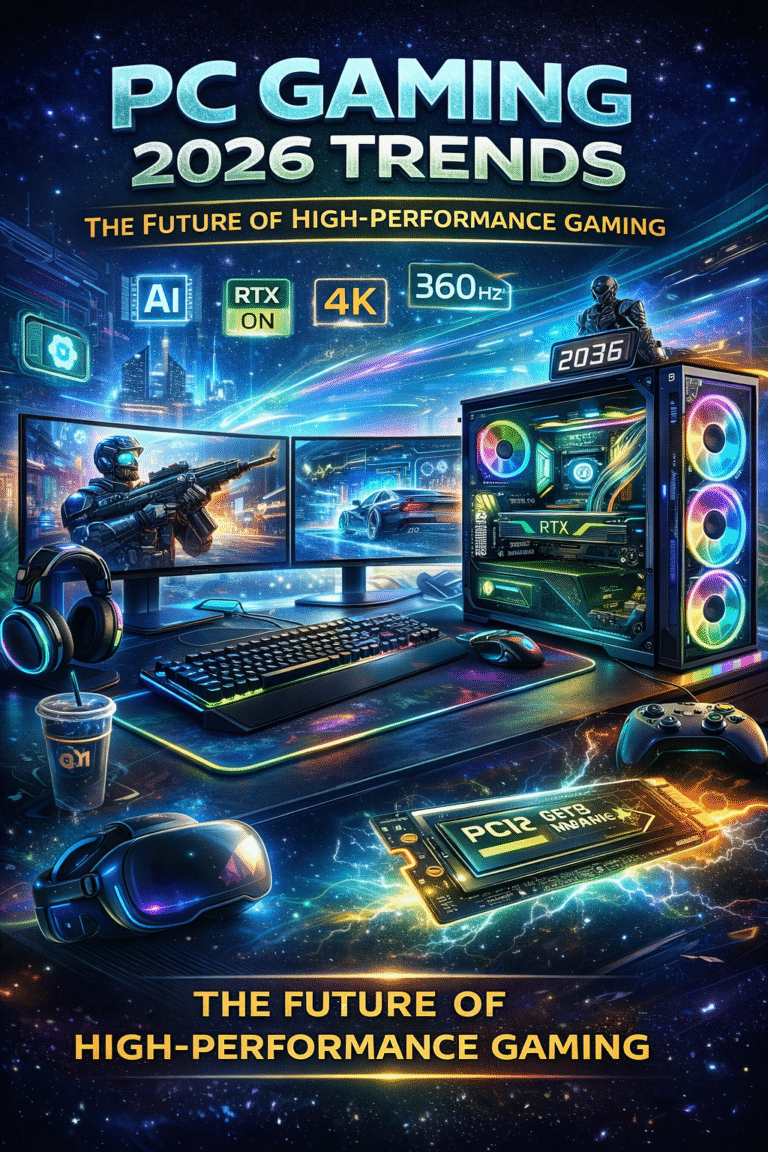 Futuristic PC Gaming 2026 Trends with RTX GPU, 4K monitors, 360Hz display, RGB gaming PC, and AI-powered hardware.