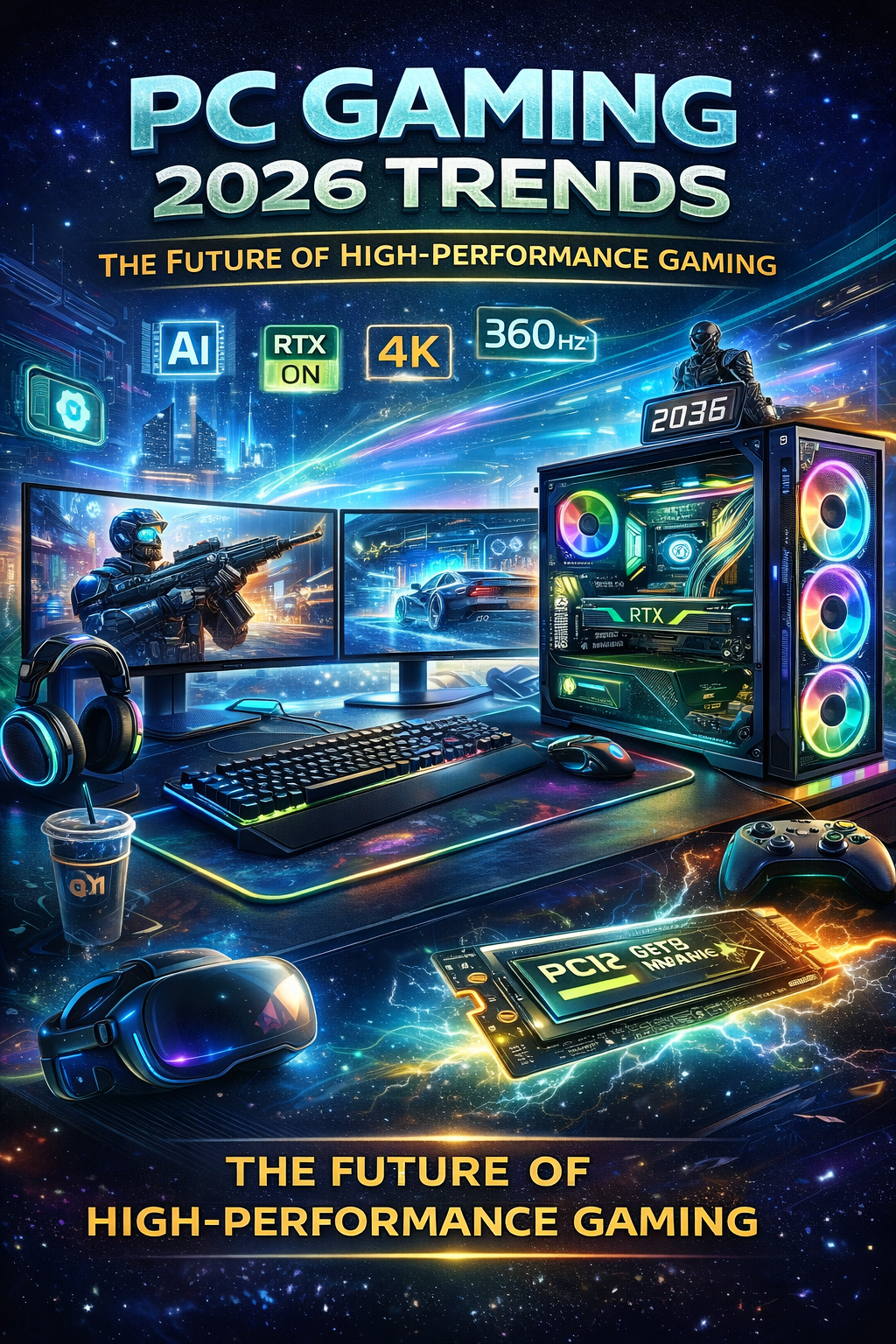 Futuristic PC Gaming 2026 Trends with RTX GPU, 4K monitors, 360Hz display, RGB gaming PC, and AI-powered hardware.