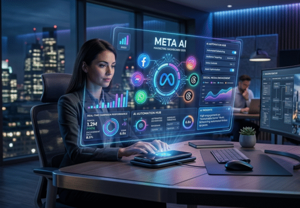 Meta AI in 2026 dashboard showing smart social media automation, AI assistant interface, and analytics graphs on a futuristic screen