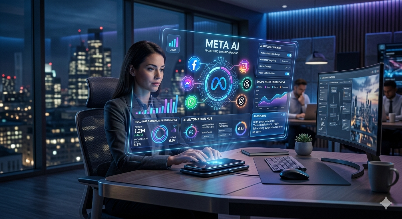 Meta AI in 2026 dashboard showing smart social media automation, AI assistant interface, and analytics graphs on a futuristic screen