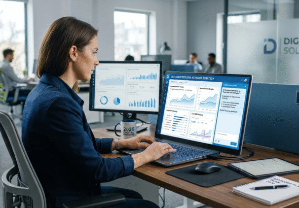 How to Do Keyword Research in 2026 Keyword research dashboard on laptop screen showing SEO analytics and search trends in 2026